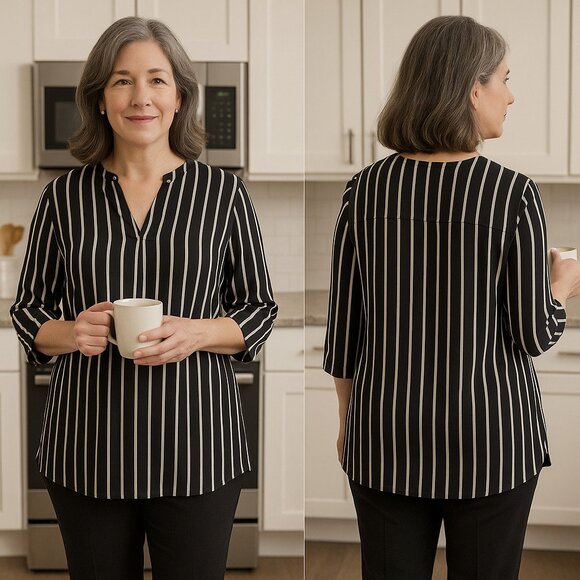 Violet & Claire 2X Blouse Black White Vertical Stripe V-Neck Tunic Semi Sheer - Picture 1 of 5